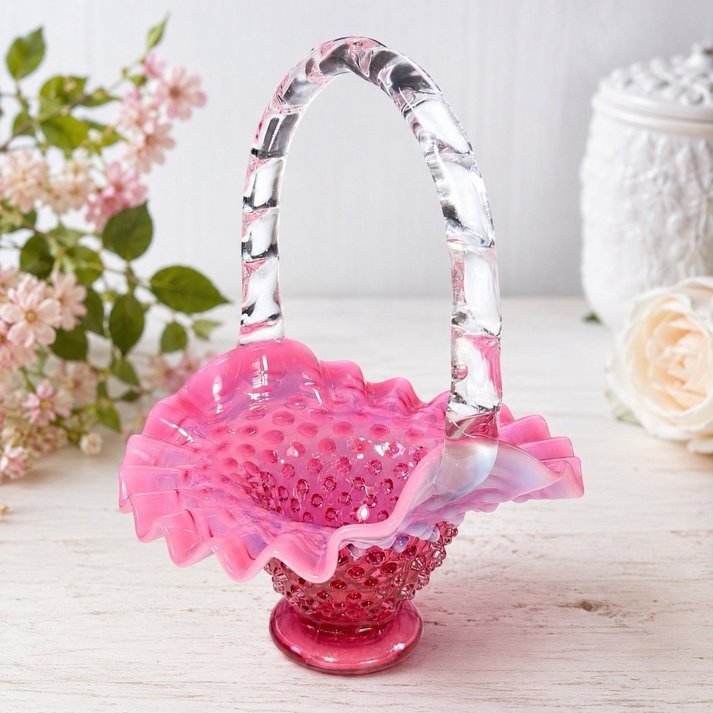 VTG Fenton Cranberry Pink Opalescent Hobnail Art Glass Basket Ruffled Edge 6.5"